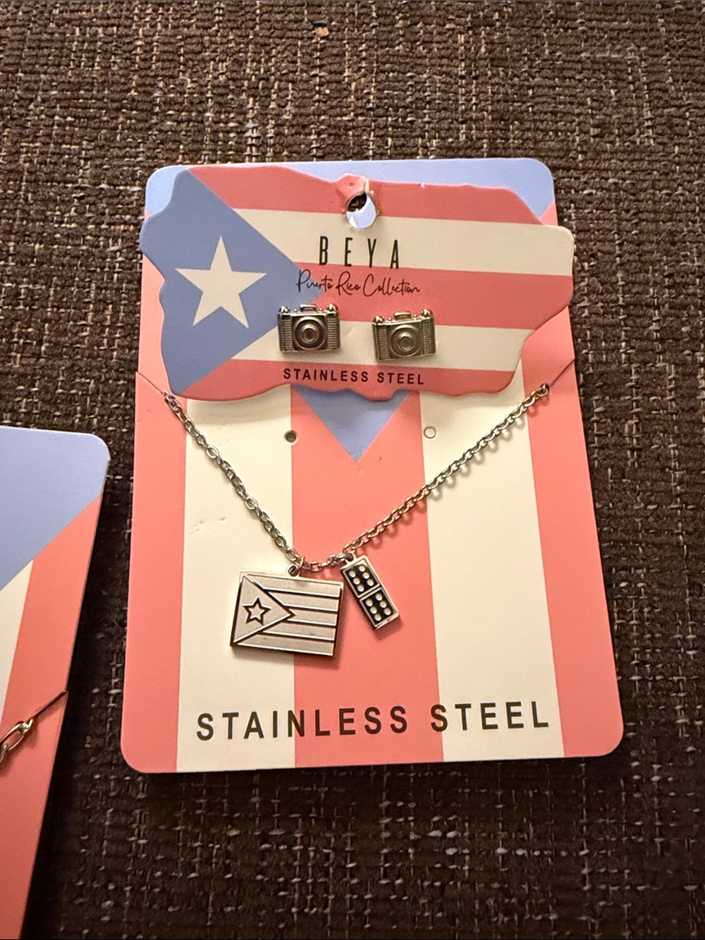 Stainless Steel Puerto Rico Flag Necklace & Camera Stud Earrings